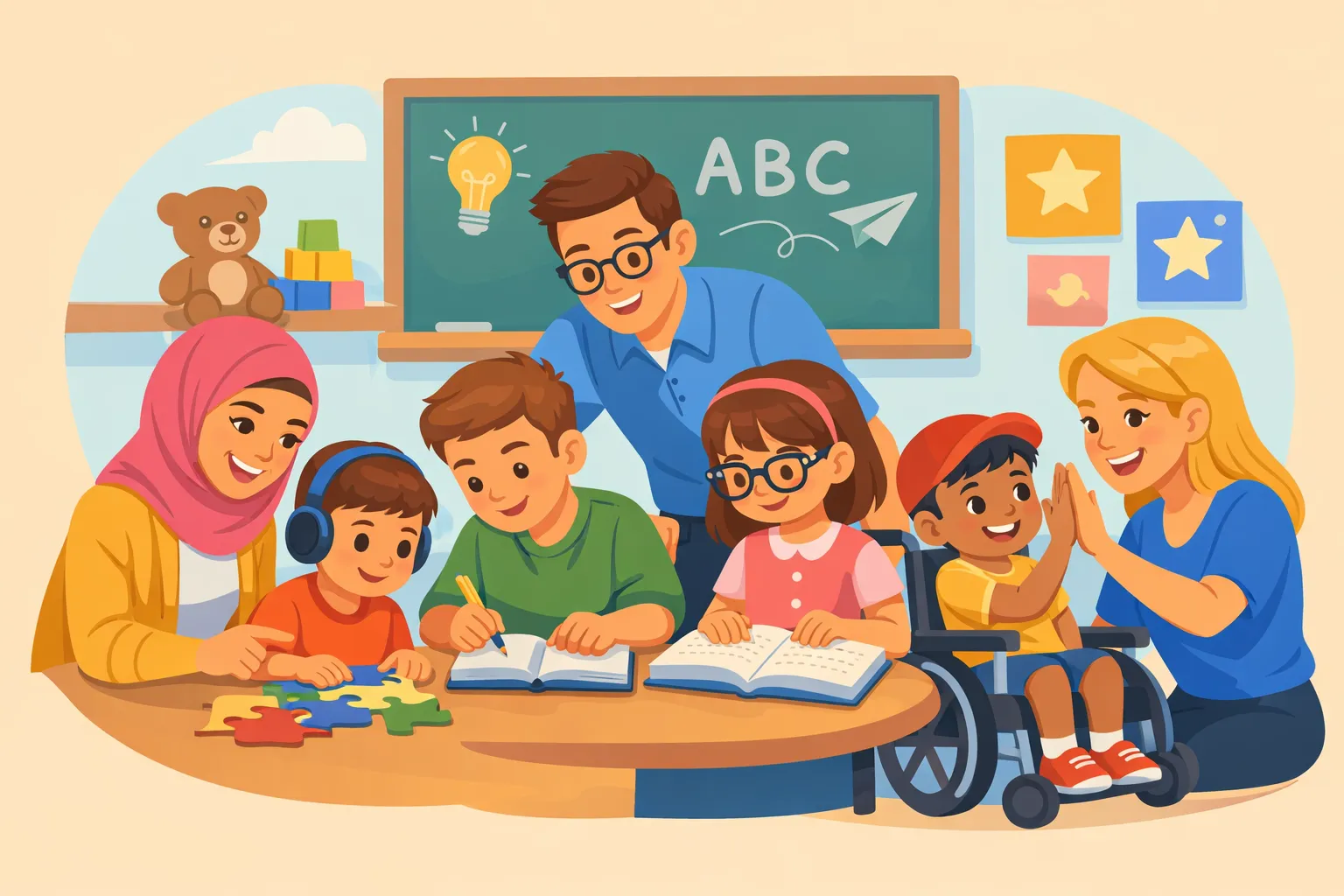 رسم توضيحي لفريق من المعلمين المتخصصين يعملون مع الأطفال في بيئة تعليمية داعمة